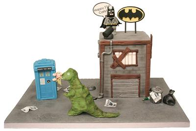 Dr Who meets Batman and Dinosaurs! - Cake by allaboutcake