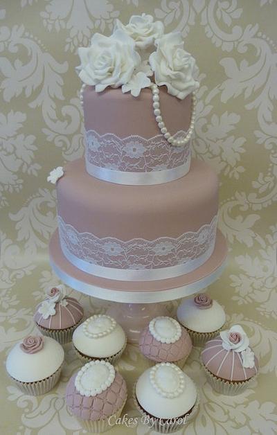 Dusky Pink Vintage Wedding cake & Cupcakes - Cake by Carol