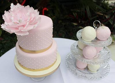 Vintage spotty wedding cake with small temari cakes and a large open peony. - Cake by bijoucakes
