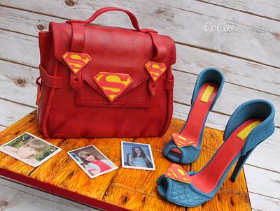 superman man themed handbag and stilhetto shoes - Cake by Lynette Brandl