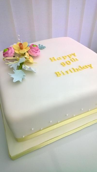 Traditional 90th cake with spring flower spray - Cake by Combe Cakes