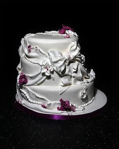 Dazzlelicious Bow, fabric and flowered wedding cake - Cake by dazzleliciouscakes