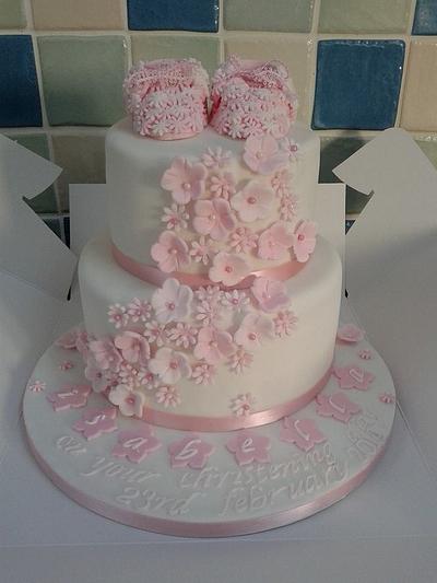 cute booties / flowers christening cake - Cake by lucysyummycakes