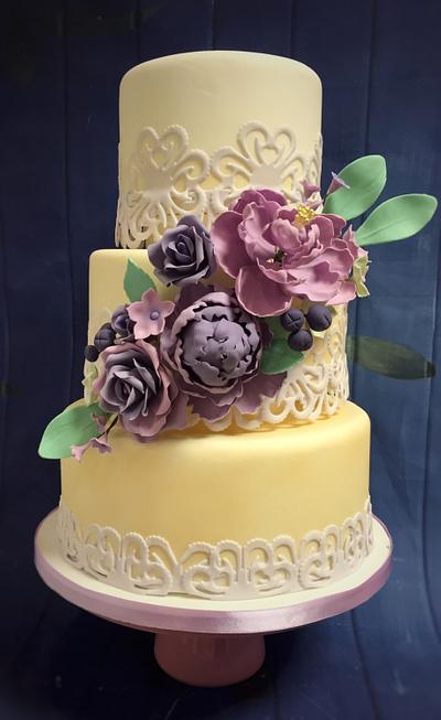 Purple and Lavender Flowers on Gold - Cake by The Daisy Cake Company