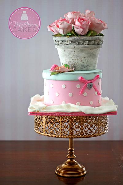 Antique Vase of Pink Roses & Hatbox Cake - Cake by Shawna McGreevy