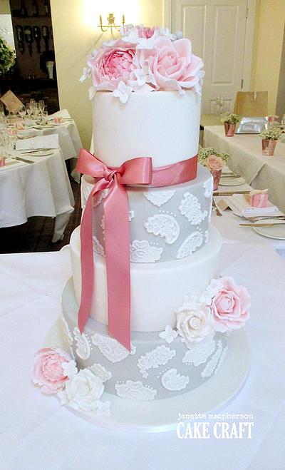 Roses Peonies and Lace Wedding Cake - Cake by Janette MacPherson Cake Craft