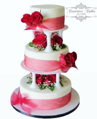 Red Ribbon and Red Roses Wedding - Cake by Creative Cakes by Chris