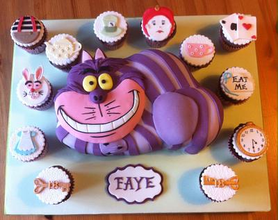 Cheshire Cat cake & Alice themed cupcakes - Cake by Mulberry Cake Design