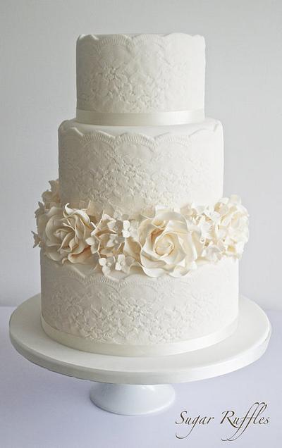 Lace, Roses & Hydrangea Wedding Cake - Cake by Sugar Ruffles
