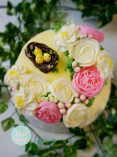chick and flower butter cream cake - Cake by Dian flower clay -cake design
