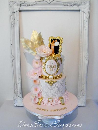 Ladies damask and wafer flower birthday cake - Cake by Dee