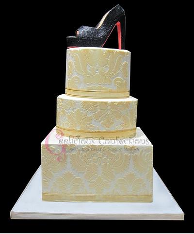 White and Ivory Damask & Black Heel - Cake by Geelicious Confections