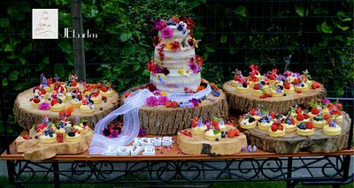 summer weddingcake, semi naked with all edible flowers - Cake by Judith-JEtaarten