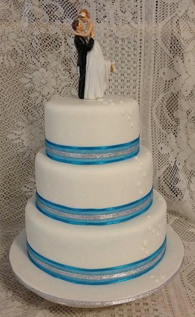 Blue & silver ribboned wedding cake - Cake by CakesbyCorrina