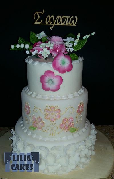 Ruffles and Pink Flowers Wedding cake  - Cake by LiliaCakes