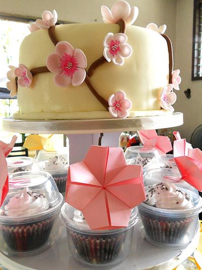 Cherry Blossoms Cake with Origami topped Cupcakes - Cake by FabcakeMama