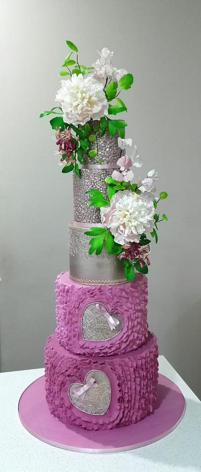 Wedding cake with peonies, bougenvialea and honeysuckle.  - Cake by Bistra Dean 
