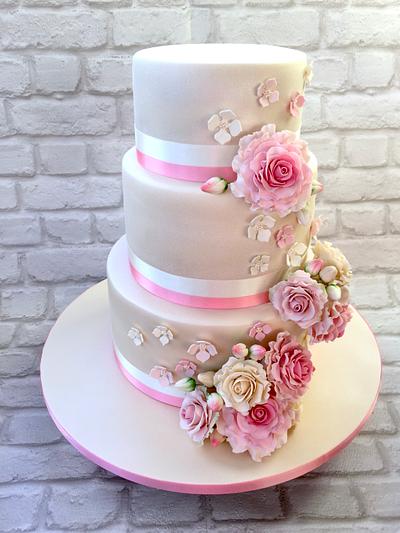 Wedding cake with Pink & Ivory roses - Cake by Canoodle Cake Company