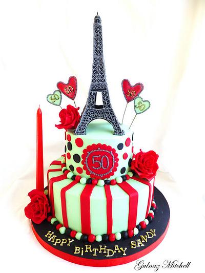 "La Vie En Rose" . Paris theme cake with Eiffel tower and red roses. - Cake by Gulnaz Mitchell