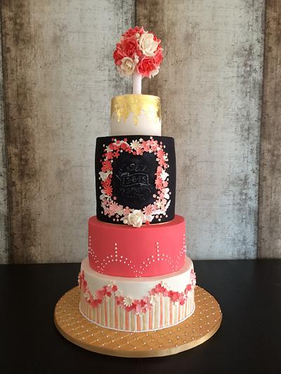 Coral, Black & Gold Wedding Cake - Cake by Alanscakestocraft