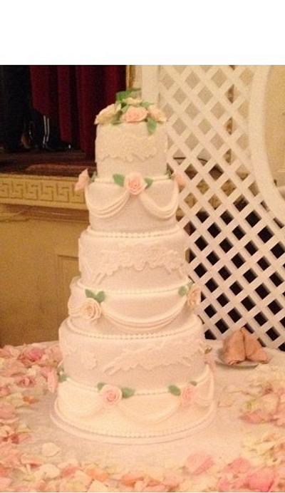  Pink & Ivory Roses Wedding Cake - Cake by Reveriecakes