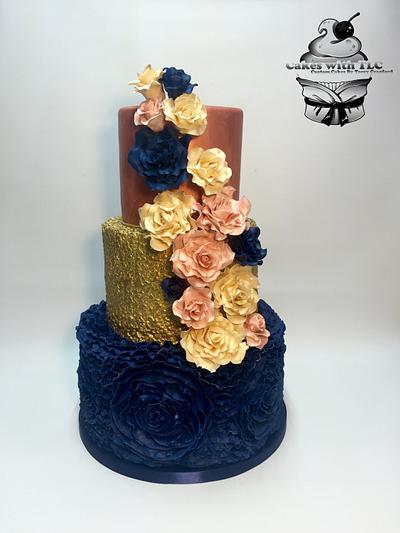 Navy, Gold, and Blush Wedding cake - Cake by ToreyTLC
