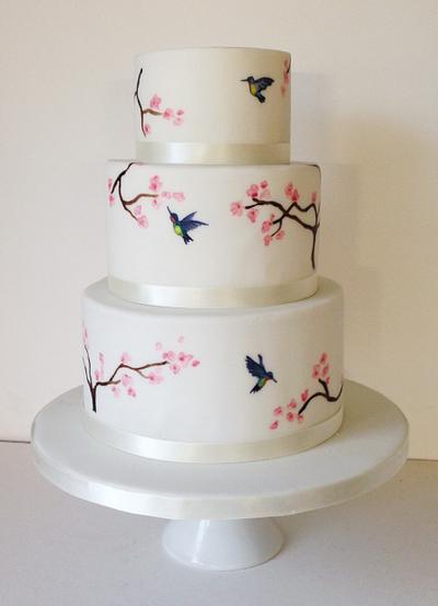 Handpainted hummingbirds and cherry blossom cake - Cake by Happyhills Cakes