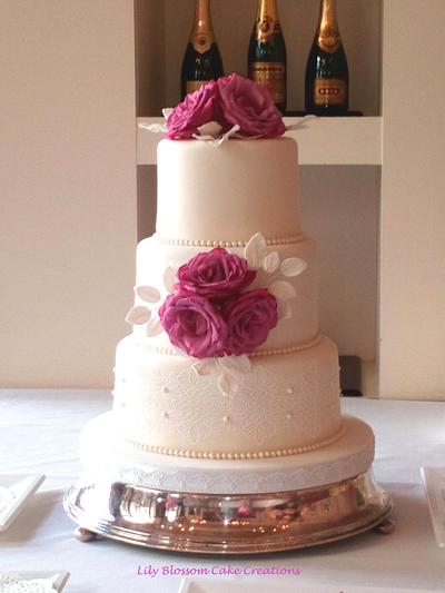 Pink Rose & Lace Wedding Cake - Cake by Lily Blossom Cake Creations