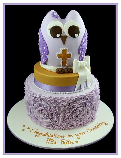 Christening cake with rose ruffle effect and owl - Cake by InspiredbyMichelle