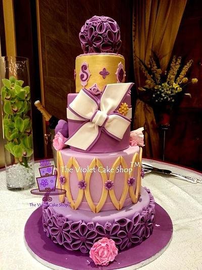 Purple and Gold 4 Tier Wedding Cake Venue Shot - The Violet Cake Shop - Cake by Violet - The Violet Cake Shop™