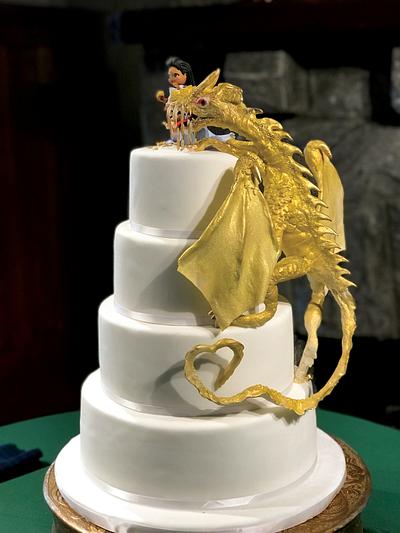 Gold Dragon climbing up a wedding cake to be fed by a lovely maiden! - Cake by JustSimplyDelicious