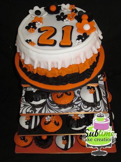 ORANGE, BLACK AND WHITE 21ST CUPCAKE TOWER - Cake by Sublime Cake Creations