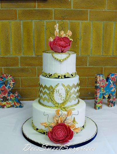 3 tier chevron and peony wedding cake - Cake by Dee