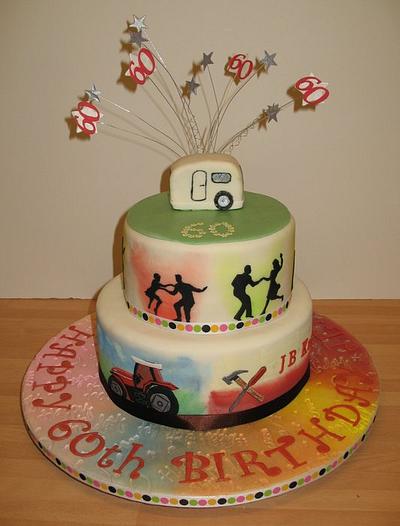 60th Birthday Cake - Tractors, Dancing, Caravan - Cake by Carol Vaughan