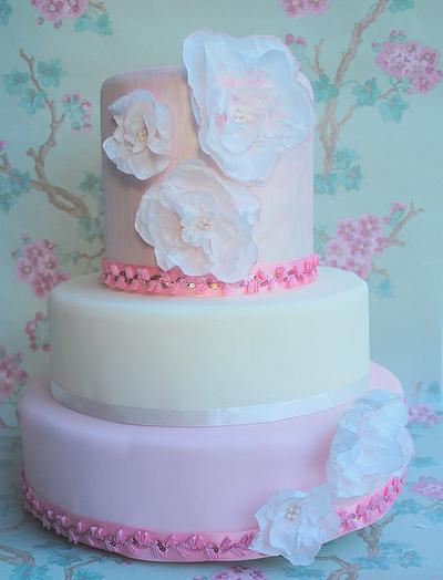 Pink and elegant wedding cake  with rice paper Anemones - Cake by Let it be Cake