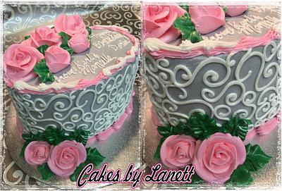 Birthday Cake with Scrolls & BC Roses - Cake by Lanett