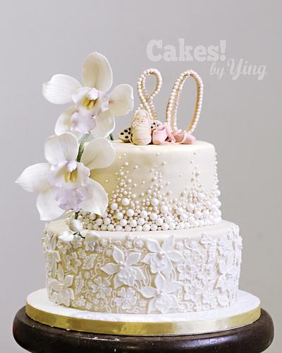 Classy 80th pearls, lace and orchids - Cake by Cakes! by Ying