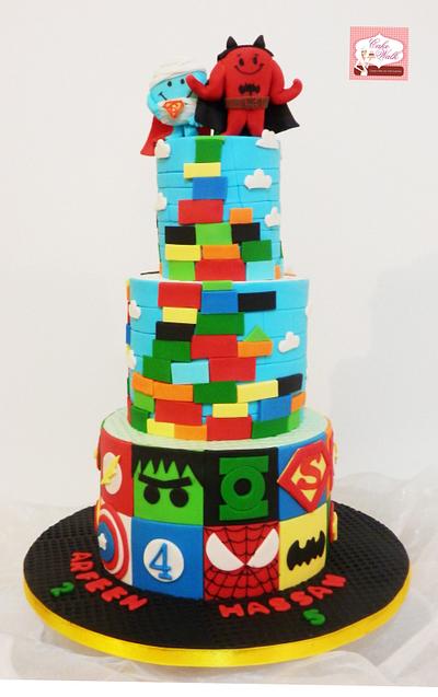 Super Hero + Mega blocks + Mr. Men Cake - Cake by Cakewalkuae