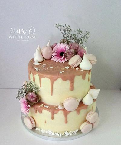 Blush Pink and Nude two tier drippy cake with fresh flowers - Cake by White Rose Cake Design