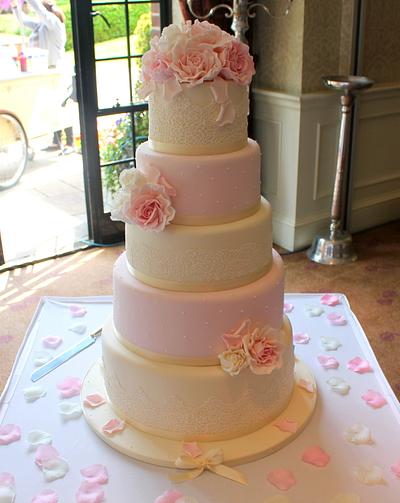 Ivory & Soft Pink Five Tier Roses Wedding Cake - Cake by Cakes by Lorna