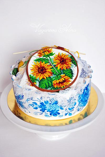 Cross-stitch, knitting, sunflowers and Gzhel... - Cake by Alina Vaganova