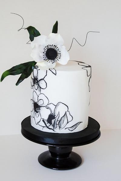 Handpainted b&w with sugar anemone  - Cake by Happyhills Cakes