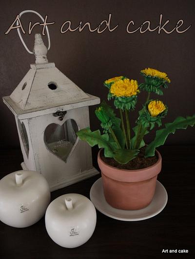 Dandelion made of gum paste and the pot of fondant... - Cake by marja