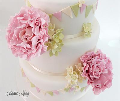 Peone and Bunting Wedding Cake  - Cake by Sharon, Sadie May Cakes 