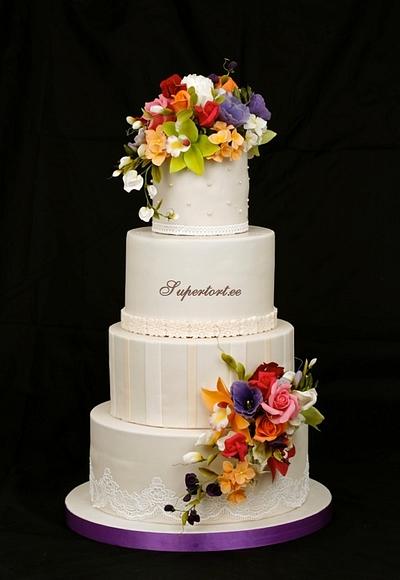 Ivory cake and colorful bouquets - Cake by Olga Danilova