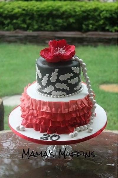 Open red peony#Ruffles#Pearls#Lace..... - Cake by Mama's Muffins