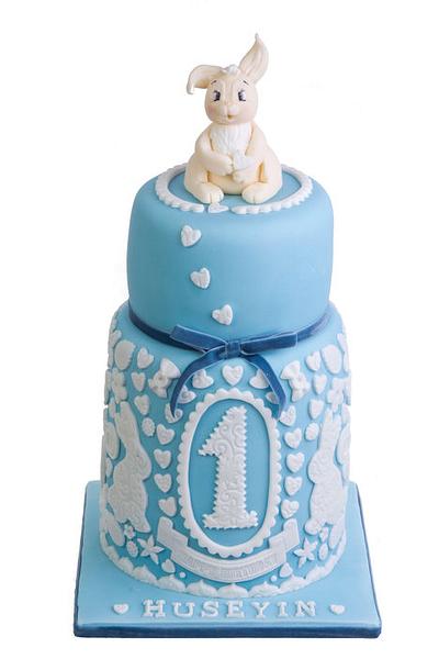Double barrel two tier First birthday baby blue bunny cake - Cake by Starry Delights
