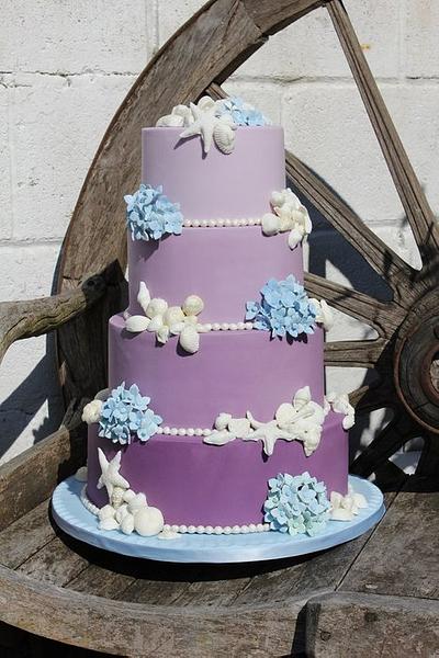 Shells and Blue hydrangeas Purple Ombre wedding cake - Cake by Cakes o'Licious