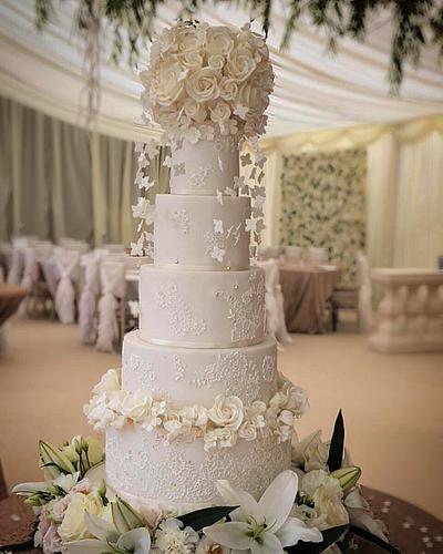 White and gold lace cake with floating hydrangea blossoms  - Cake by Samantha Tempest