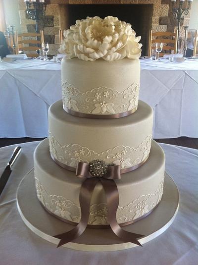 Piped wedding cake with peonie - Cake by Paul Delaney of Delaneys cakes